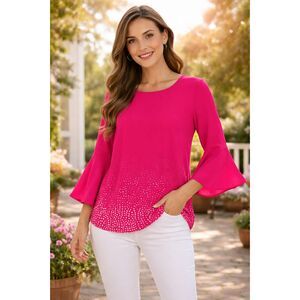 APT.9 Women’s Sm. Dark Pink Flowy Bell Sleeve Blouse Romantic Heart Ombre Top #G